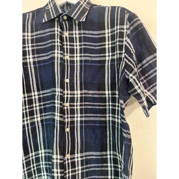 Scott Barber Mens Plaid Linen KhakisCarmel Button-Down Shirt Large Navy Casual - Picture 2 of 8